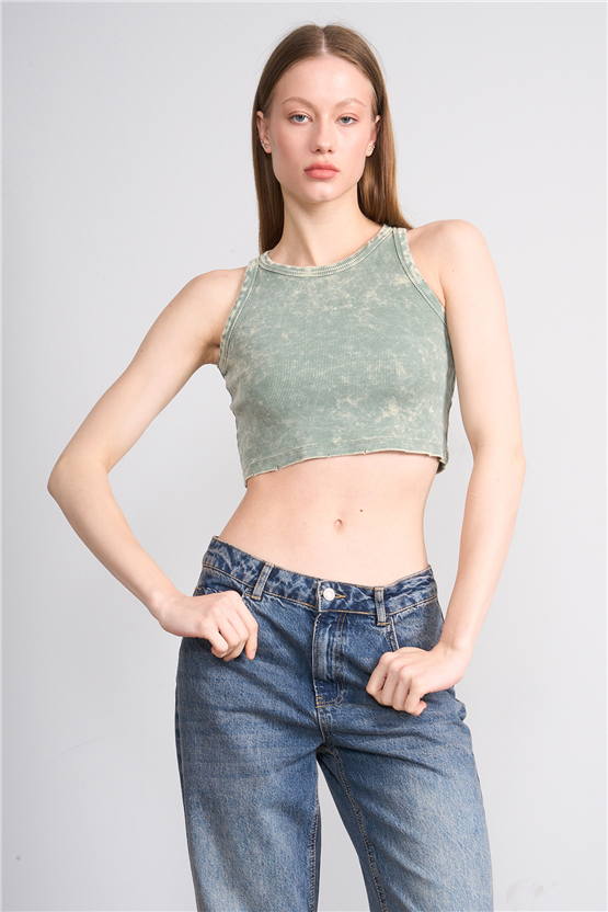 Lefon Y26 060168-K Haki Kadın Bisiklet Yaka Kolsuz Orme Kaşkorse Crop T-Shirt