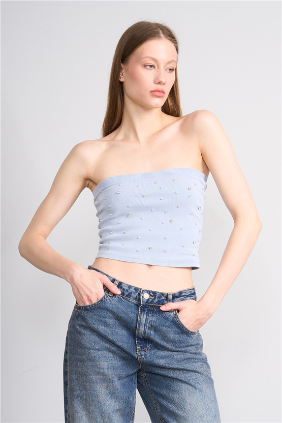 Lefon Y26 060173-K Bebe Mavi Kadın Taşlı Straplez Orme Kaşkorse T-Shirt