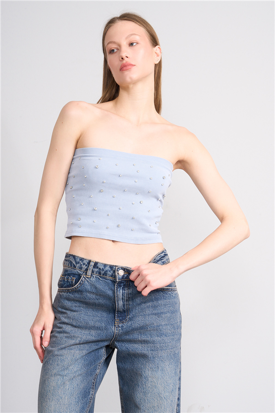 Lefon Y26 060173-K Bebe Mavi Kadın Taşlı Straplez Orme Kaşkorse T-Shirt