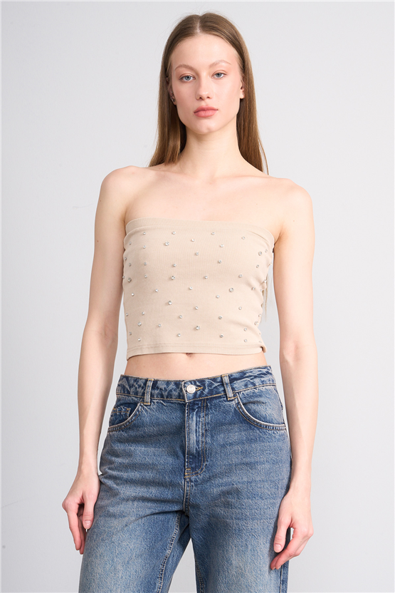 Lefon Y26 060173-K Bej Kadın Taşlı Straplez Orme Kaşkorse T-Shirt
