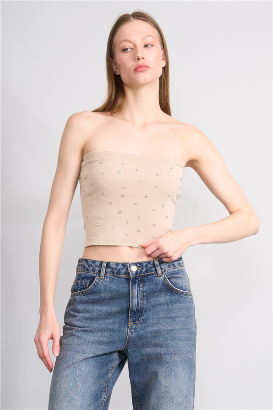 Lefon Y26 060173-K Bej Kadın Taşlı Straplez Orme Kaşkorse T-Shirt