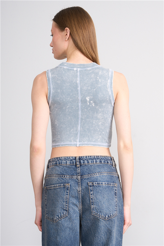 Lefon Y26 060174-K Bebe Mavi Kadın Karyoka Dikiş Detaylı Orme Kaşkorse Crop