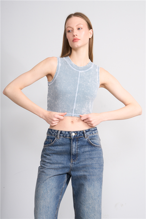 Lefon Y26 060174-K Bebe Mavi Kadın Karyoka Dikiş Detaylı Orme Kaşkorse Crop