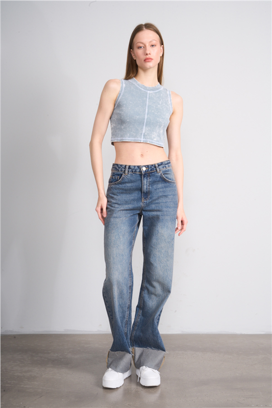 Lefon Y26 060174-K Bebe Mavi Kadın Karyoka Dikiş Detaylı Orme Kaşkorse Crop