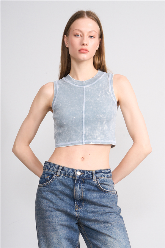 Lefon Y26 060174-K Bebe Mavi Kadın Karyoka Dikiş Detaylı Orme Kaşkorse Crop