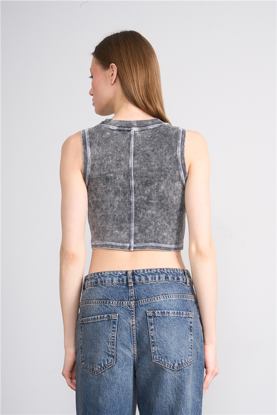 Lefon Y26 060174-K Gri Kadın Karyoka Dikiş Detaylı Orme Kaşkorse Crop