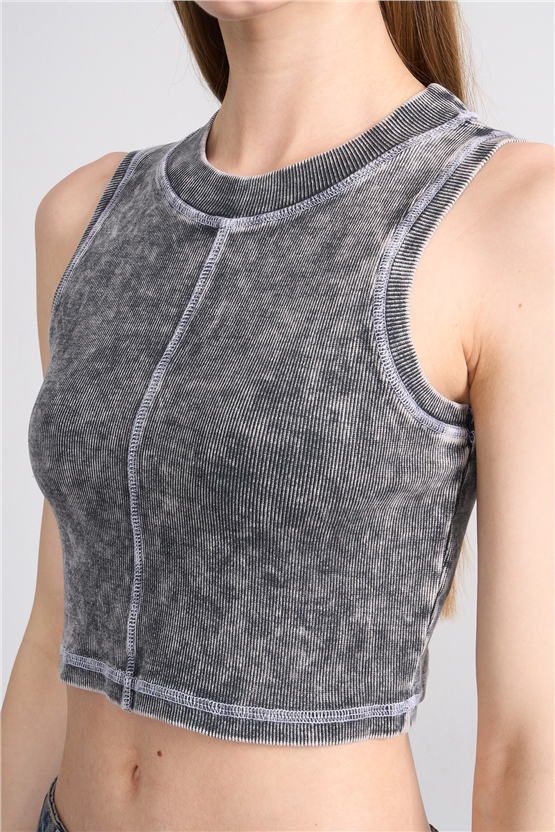 Lefon Y26 060174-K Gri Kadın Karyoka Dikiş Detaylı Orme Kaşkorse Crop