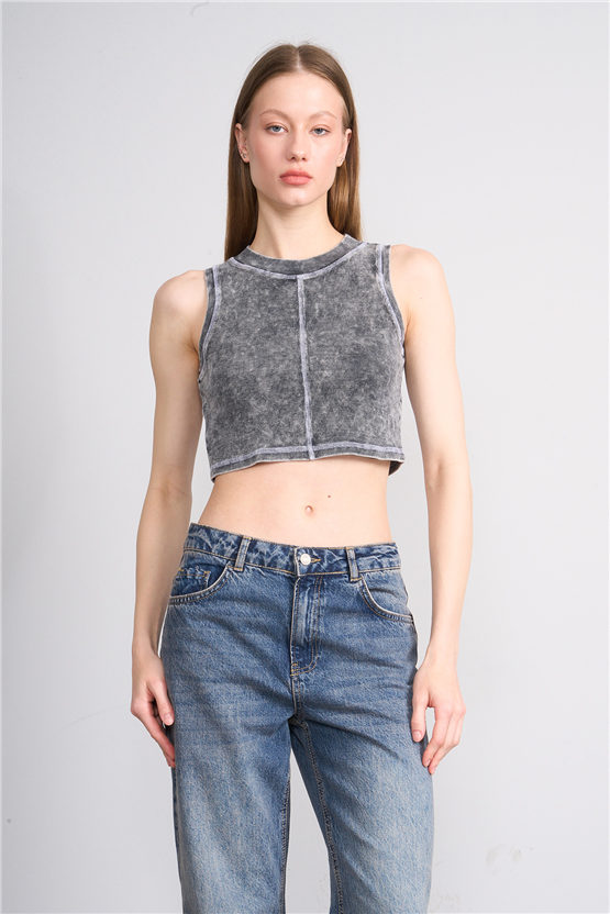Lefon Y26 060174-K Gri Kadın Karyoka Dikiş Detaylı Orme Kaşkorse Crop