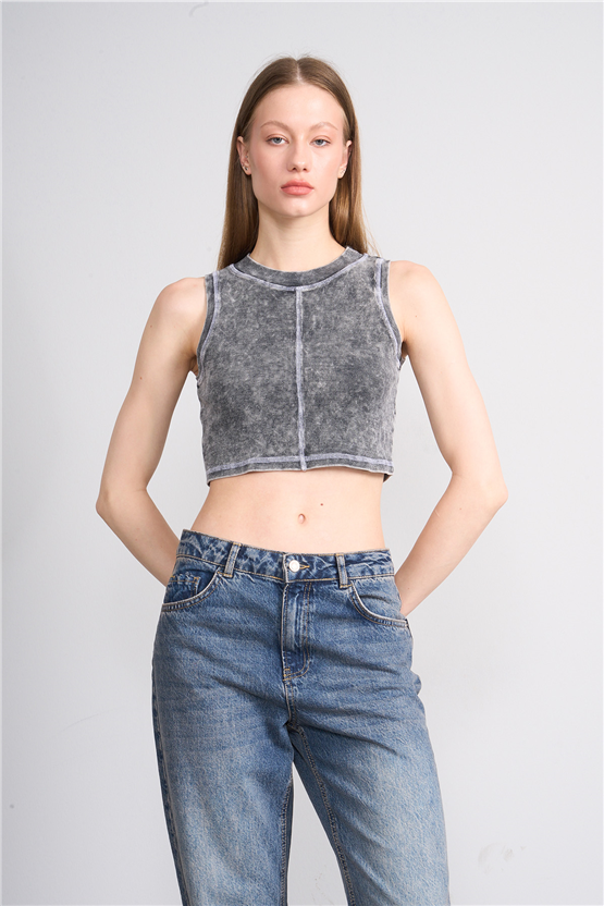 Lefon Y26 060174-K Gri Kadın Karyoka Dikiş Detaylı Orme Kaşkorse Crop
