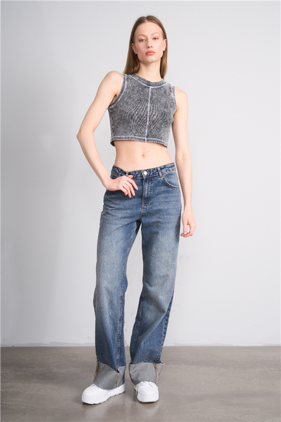 Lefon Y26 060174-K Gri Kadın Karyoka Dikiş Detaylı Orme Kaşkorse Crop