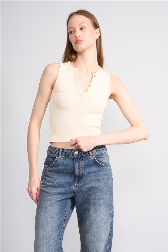 Lefon Y26 071686-K Krem Kadın Acık Dugmelı Yaka Kolsuz Kaşkorse T-Shirt