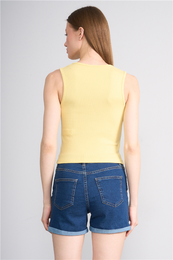 Lefon Y26 071686-K Sarı Kadın Acık Dugmelı Yaka Kolsuz Kaşkorse T-Shirt
