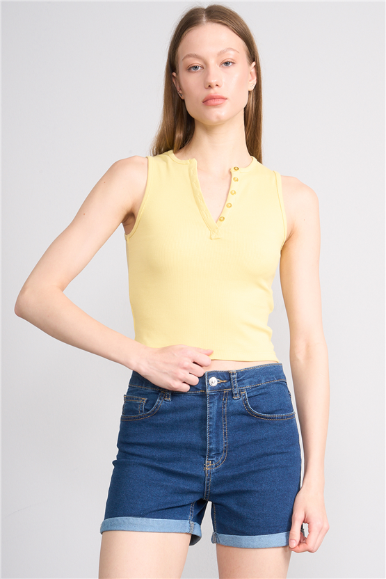 Lefon Y26 071686-K Sarı Kadın Acık Dugmelı Yaka Kolsuz Kaşkorse T-Shirt