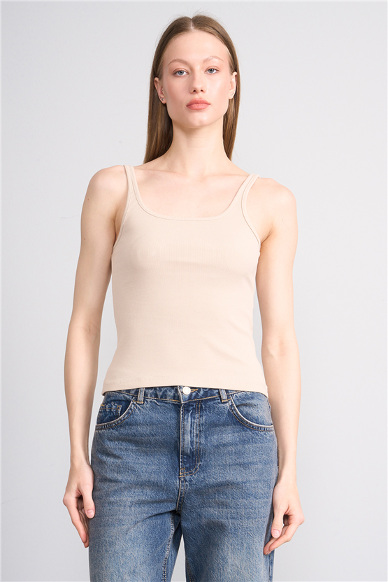 Lefon Y26 071693-K Bej Kadın Acık Yaka Kaşkorse Crop ( Askılı Crop Atlet)