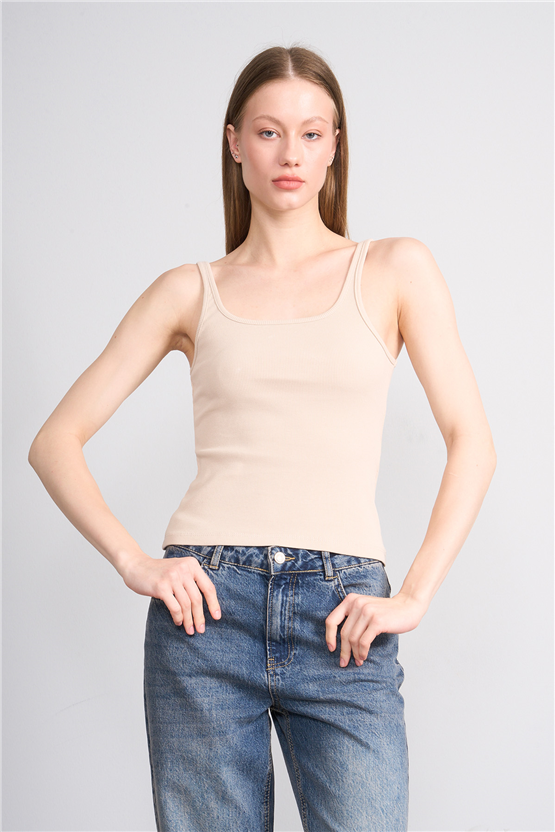 Lefon Y26 071693-K Bej Kadın Acık Yaka Kaşkorse Crop ( Askılı Crop Atlet)