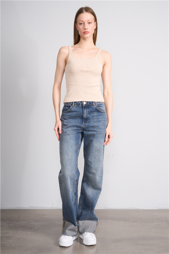 Lefon Y26 071693-K Bej Kadın Acık Yaka Kaşkorse Crop ( Askılı Crop Atlet)