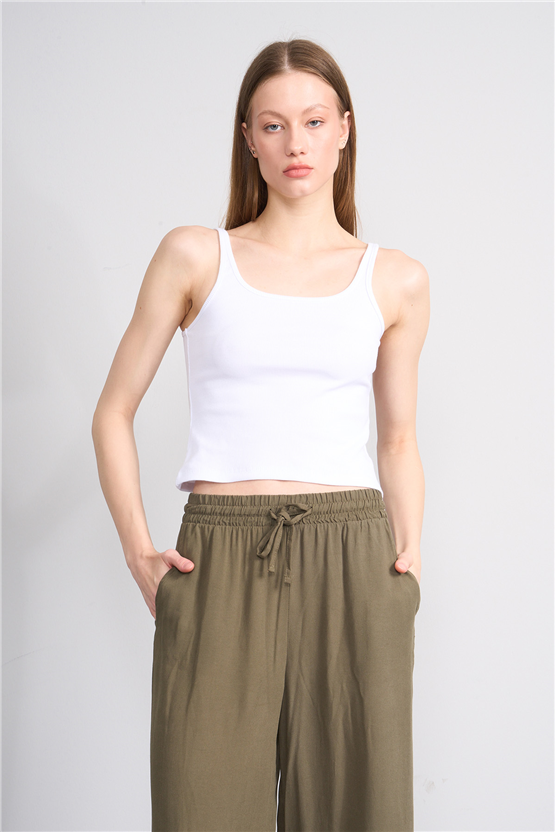 Lefon Y26 071693-K Beyaz Kadın Acık Yaka Kaşkorse Crop ( Askılı Crop Atlet)