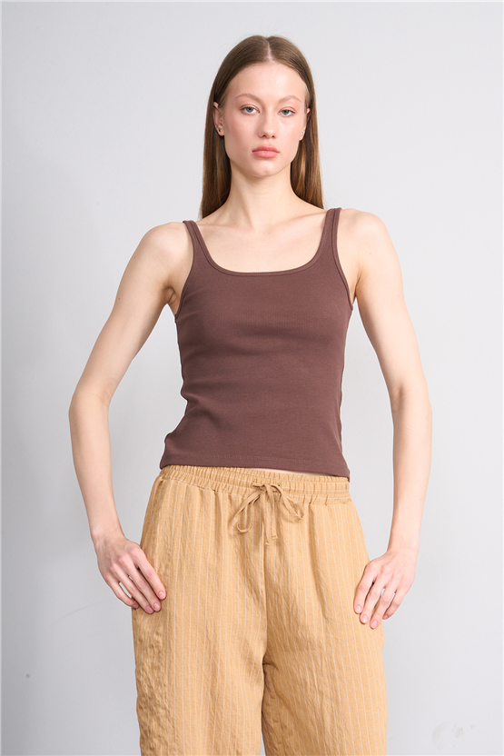 Lefon Y26 071693-K Kahve Kadın Acık Yaka Kaşkorse Crop ( Askılı Crop Atlet)