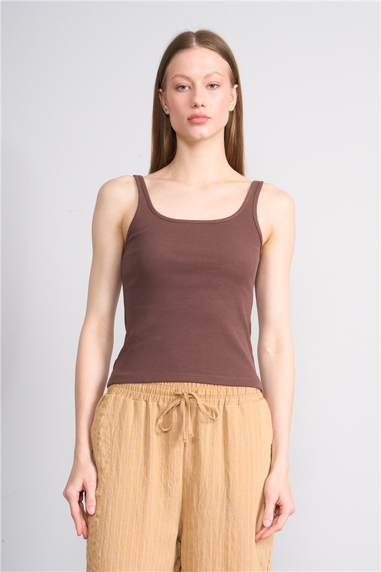 Lefon Y26 071693-K Kahve Kadın Acık Yaka Kaşkorse Crop ( Askılı Crop Atlet)
