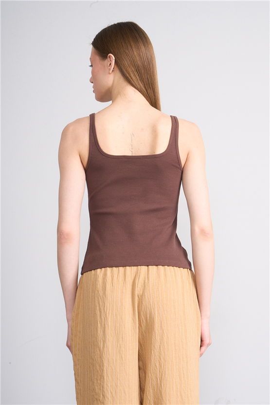 Lefon Y26 071693-K Kahve Kadın Acık Yaka Kaşkorse Crop ( Askılı Crop Atlet)