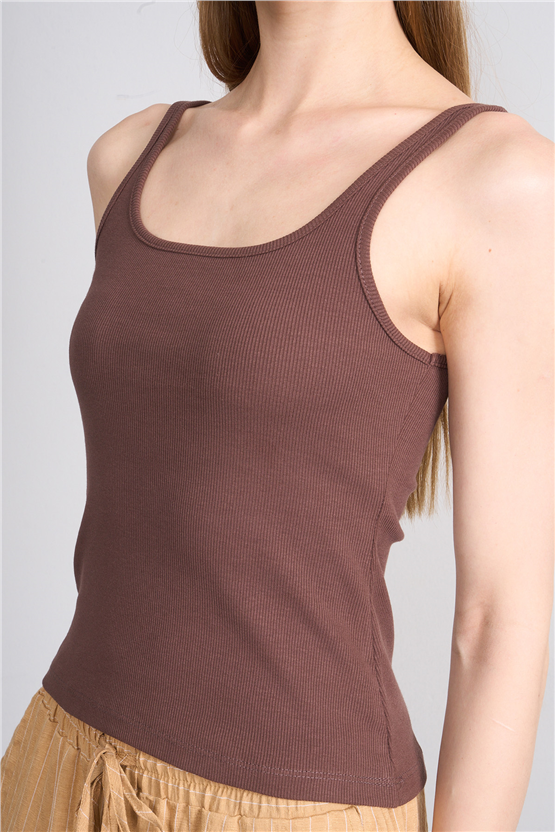 Lefon Y26 071693-K Kahve Kadın Acık Yaka Kaşkorse Crop ( Askılı Crop Atlet)