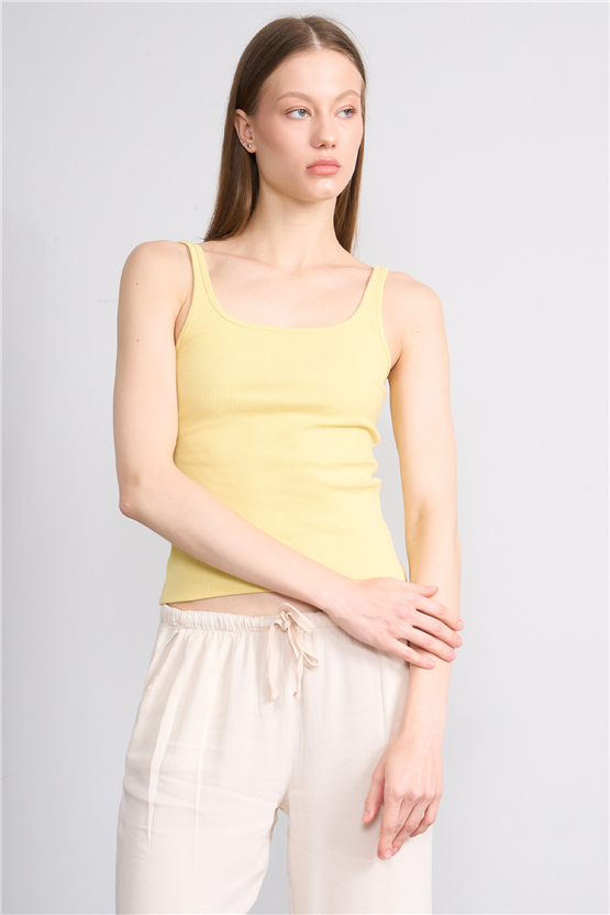 Lefon Y26 071693-K Sarı Kadın Acık Yaka Kaşkorse Crop ( Askılı Crop Atlet)
