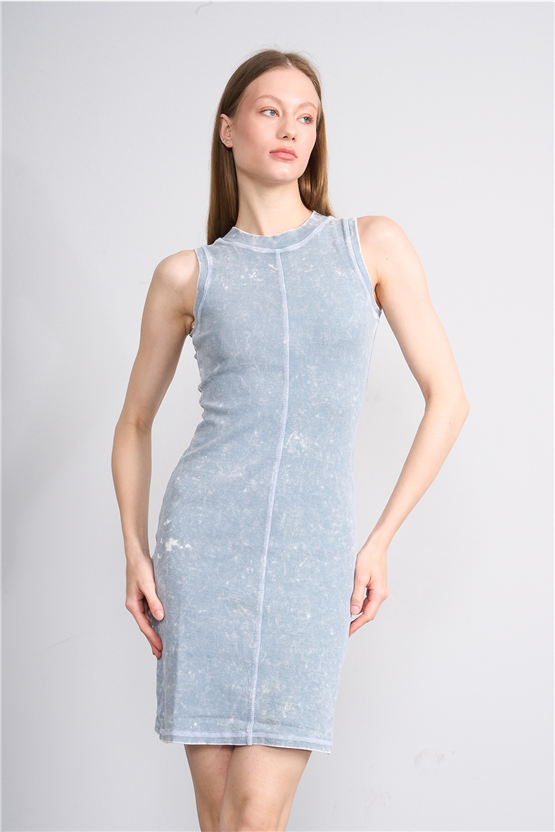 Lefon Y26 111287-K Bebe Mavi Kadın Dikiş Detaylı Kolsuz Kısa Orme Kaşkorse Elbise
