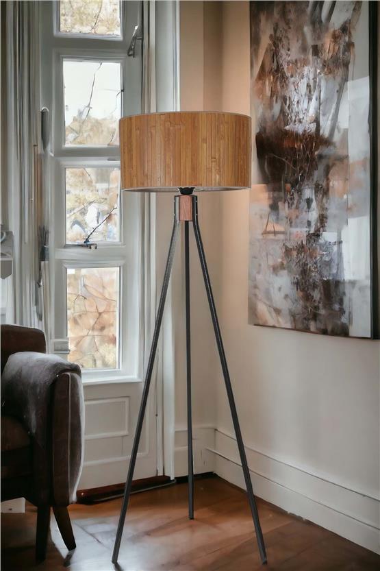Lumexx Fısco Tripod Siyah Lambader Silindir Bambu 01 Abajurlu