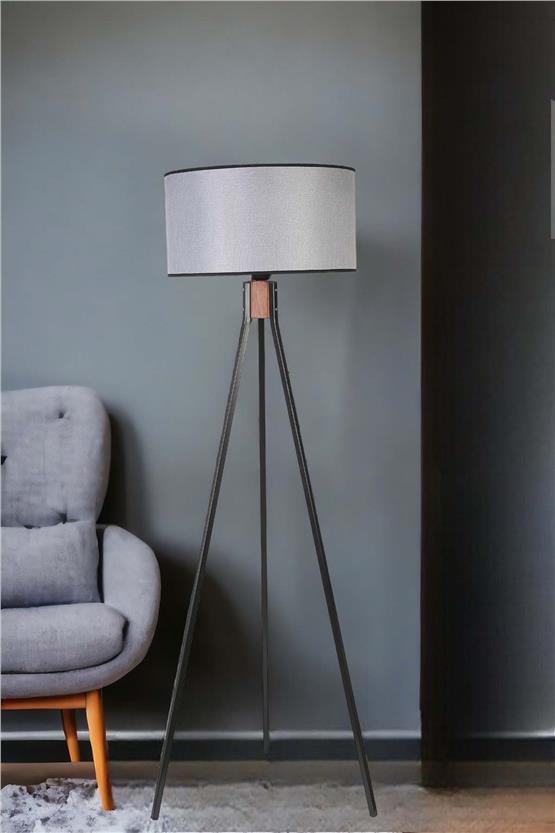 Lumexx Fısco Tripod Siyah Lambader Silindir Hasır Gri Abajurlu