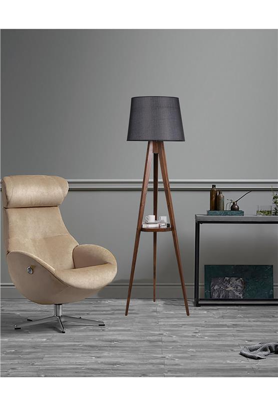 Lumexx Sehbalı Tripod Ceviz Lambader Pramit Hasır Siyah Abajurlu