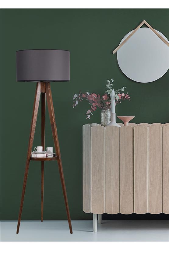 Lumexx Sehbalı Tripod Ceviz Lambader Silindir Koyu Gri Abajurlu