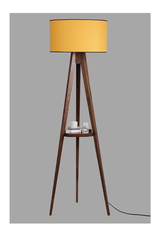 Lumexx Sehbalı Tripod Ceviz Lambader Silindir Hardal Abajurlu