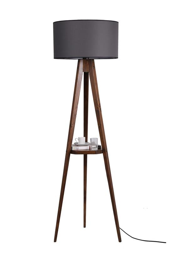 Lumexx Sehbalı Tripod Ceviz Lambader Silindir Koyu Gri Abajurlu
