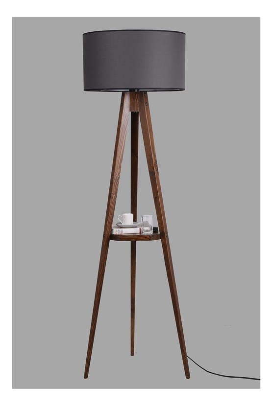 Lumexx Sehbalı Tripod Ceviz Lambader Silindir Koyu Gri Abajurlu