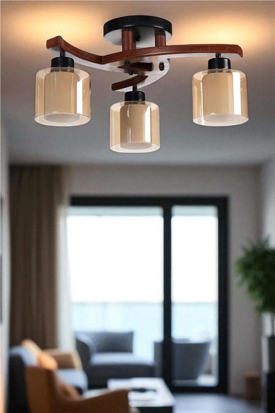 Lumexx Weston 3 Lü Ceviz Çift Camlı Plofonyer Avize