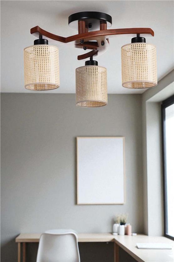 Lumexx Weston 3 Lü Ceviz Petek Abajurlu Plofonyer Avize