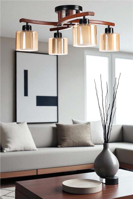 Lumexx Weston 4 Lü Ceviz Çift Camlı Plofonyer Avize