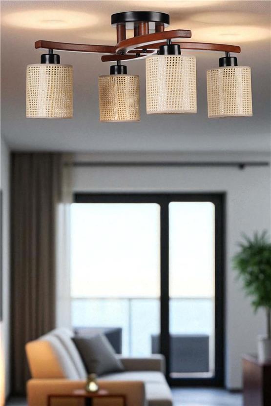 Lumexx Weston 4 Lü Ceviz Petek Abajurlu Plofonyer Avize