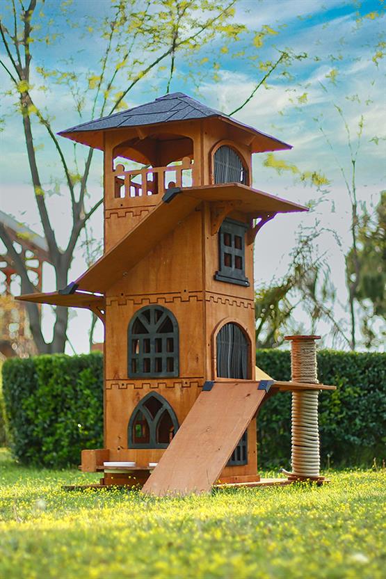 Mandu Ahşap 4 Katlı Teraslı Tırmalama ve Mama Kaplı Kedi Evi MND289 