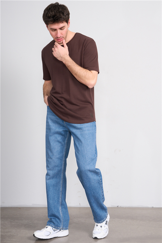 Mareteks 2618 Js Kahve Erkek Pıs Yaka Keten Oval Etek T-Shırt