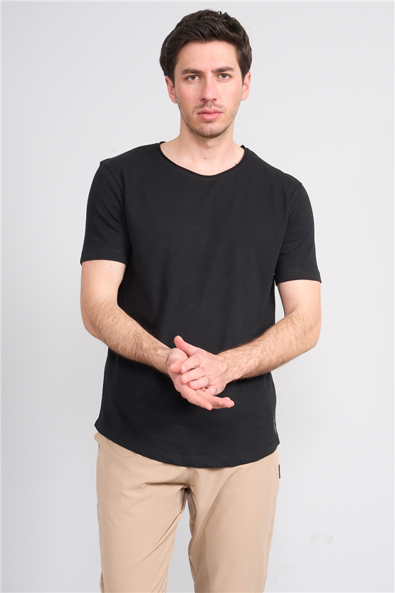 Mareteks 2618 Js Sıyah Erkek Pıs Yaka Keten Oval Etek T-Shırt