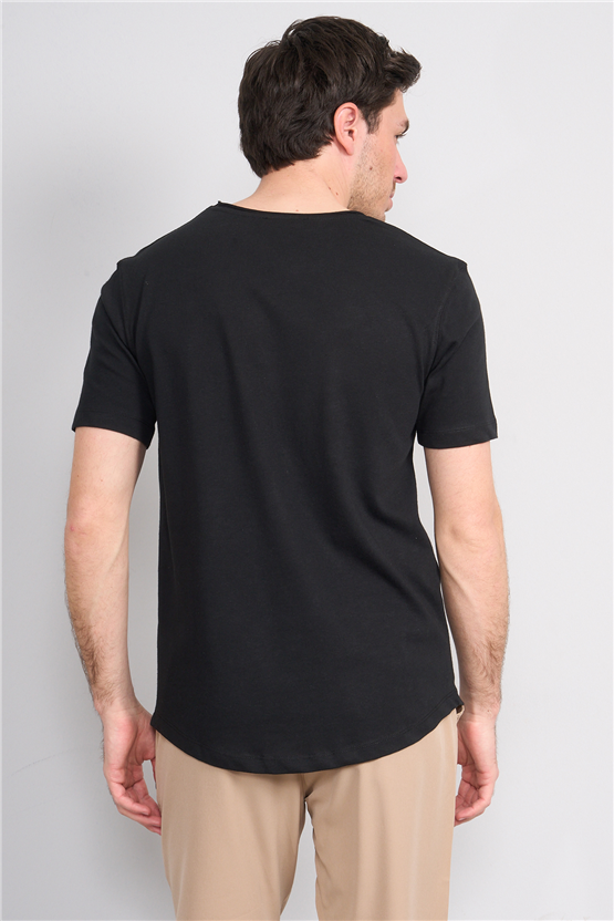 Mareteks 2618 Js Sıyah Erkek Pıs Yaka Keten Oval Etek T-Shırt