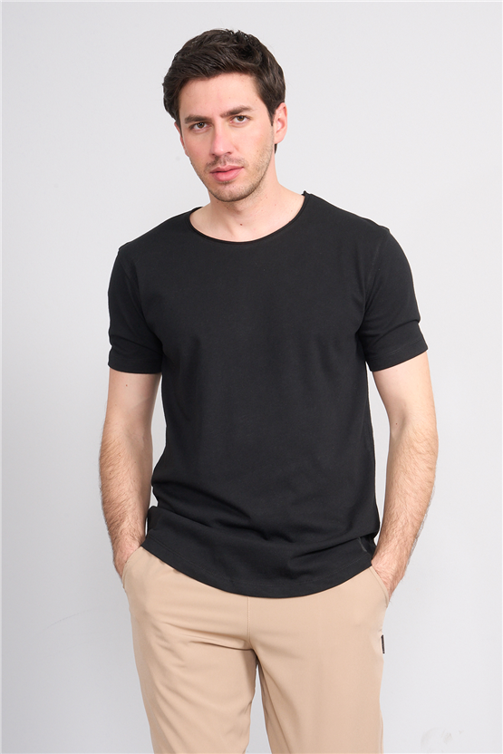 Mareteks 2618 Js Sıyah Erkek Pıs Yaka Keten Oval Etek T-Shırt