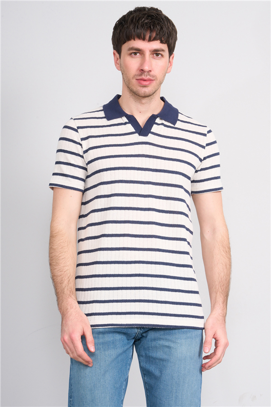 Mareteks 2662 Js Indıgo Erkek Polo V Yaka Rıngel Jakar T-Shırt