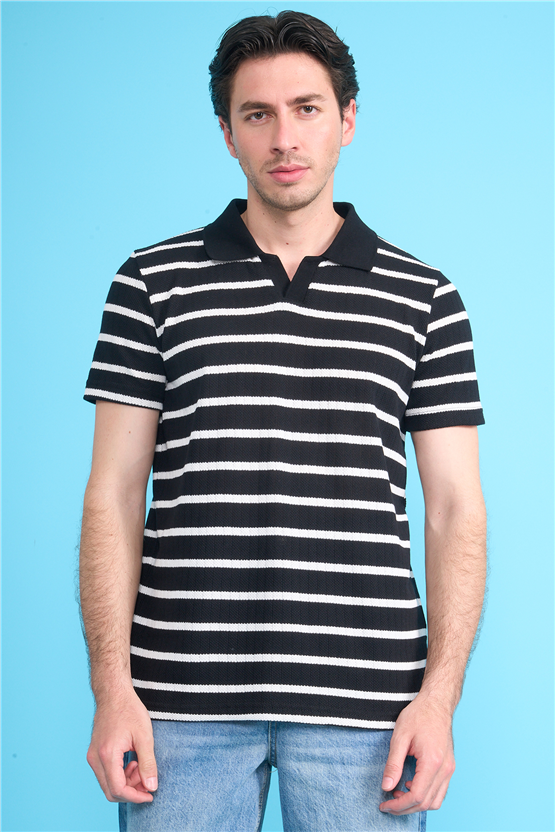 Mareteks 2662 Js Sıyah Erkek Polo V Yaka Rıngel Jakar T-Shırt