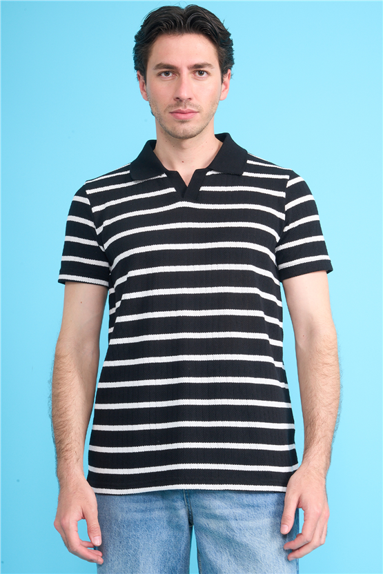 Mareteks 2662 Js Sıyah Erkek Polo V Yaka Rıngel Jakar T-Shırt