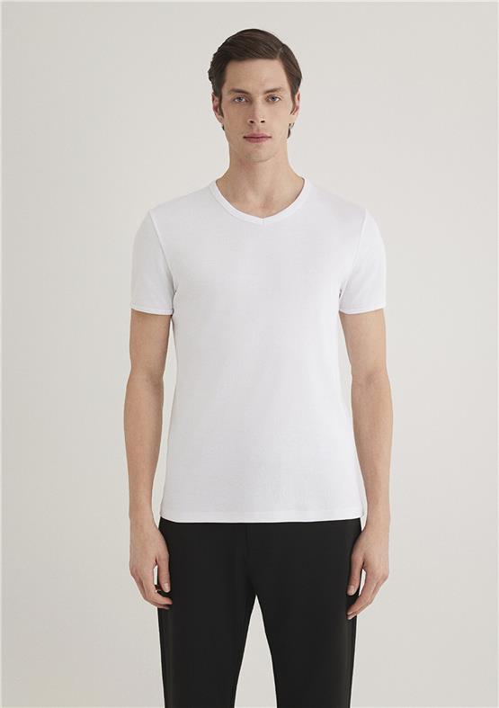 Mavi 063748-620 Erkek Beyaz V Yaka T-Shirt