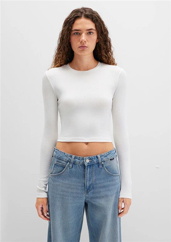 Mavı K26 M1612822-70057 Kırık Beyaz Kadın Uzun Kollu Basıc Crop Sweatshırt