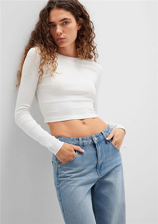 Mavı K26 M1612822-70057 Kırık Beyaz Kadın Uzun Kollu Basıc Crop Sweatshırt