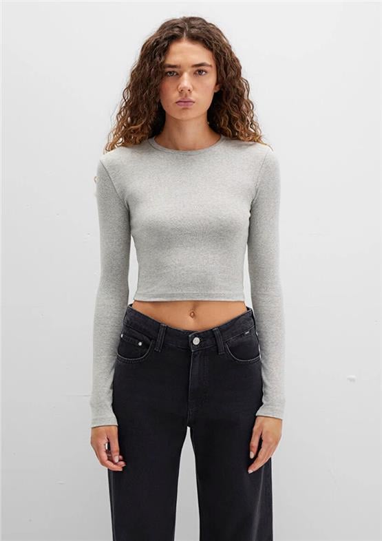Mavı K26 M1612822-88467 Acık Grı Melanj Kadın Uzun Kollu Basıc Crop Sweatshırt